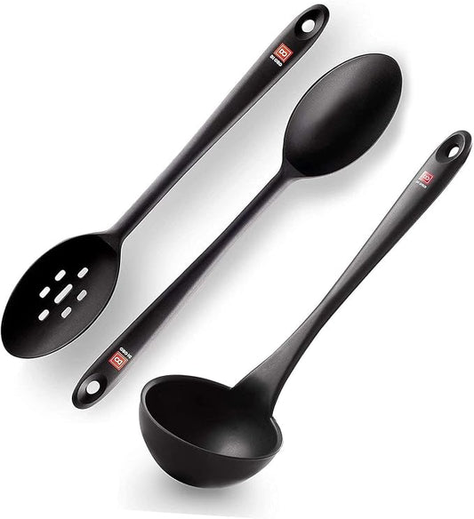DI ORO 3-Piece Seamless Silicone Spoon and Ladle Bundle - 600°F Heat-Resistant Serving and Rubber Cooking Spoon and Ladle - Dishwasher Safe with a Heavy-Duty Stainless-Steel Core (Black)
