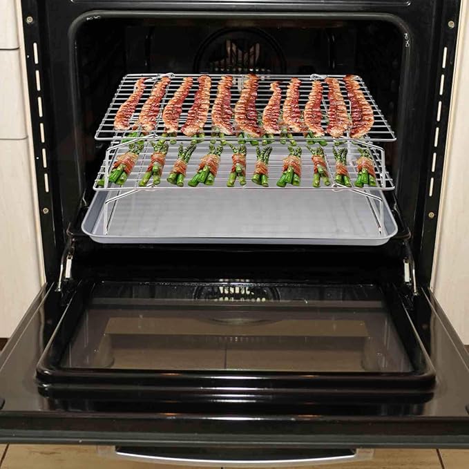 TeamFar Cooling Rack, 3 Tier 15" × 10" Stainless Steel Baking Roasting Rack for Cookies Cake Pies Bread, Collapsible & Foldable, Healthy & Non Toxic, Oven & Dishwasher Safe