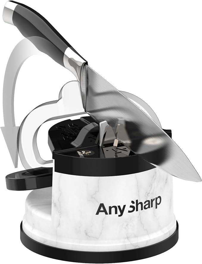 AnySharp – Editions – Hands Free Knife Sharpener - Easy to Use Sharpening Tool w/PowerGrip Suction Base and 20-Degree Pre-Set Angle - for All Knives: Chef's, Serrated, Hardened Steel - White Marble