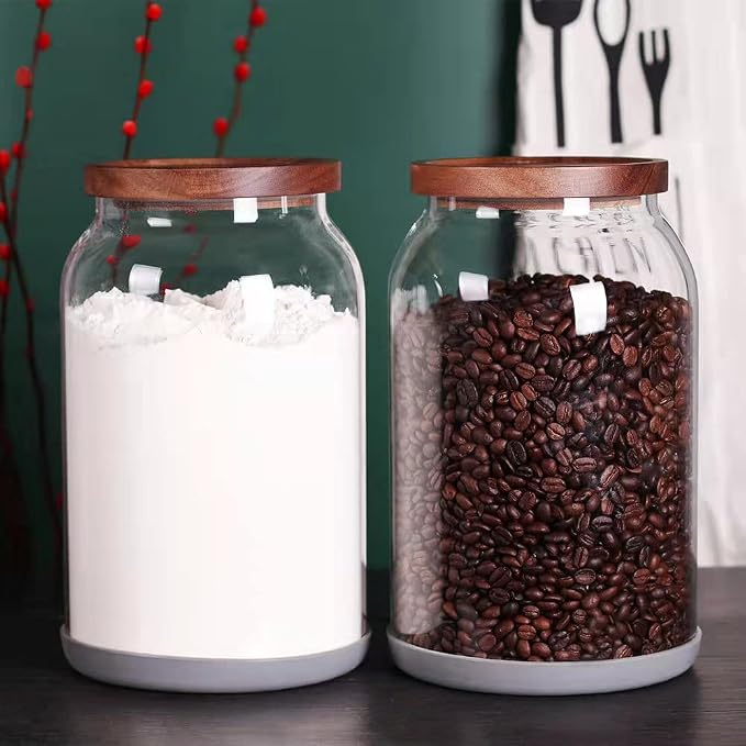 SAIOOL 1 Gallon Glass Jar with Wooden Acacia Airtight Lid, Set of 2