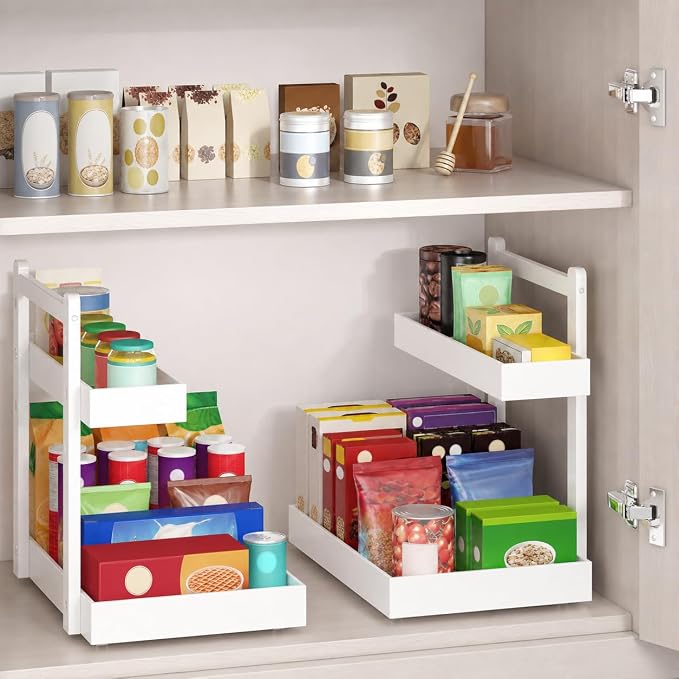 Bamboo Under Sink Organizer, 2-Tier Pull Out Cabinet Organizer | Kitchen Sink Organizer | Bathroom Cabinet Organizer | Cleaning Supply Storage | L-Shape | 3-Level Adjustable | Natural Bamboo