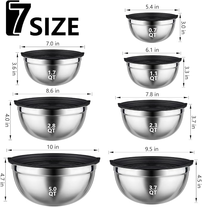 Leidawn Mixing Bowls with Lids Set, 25 PCS Black Mixing Bowl for Kitchen | Stainless Steel Nesting Bowls for Baking, Mixing, Serving & Prepping, Size 5, 3.7, 2.8, 2.3, 1.7, 1.1, 0.7QT, 11 Utensils