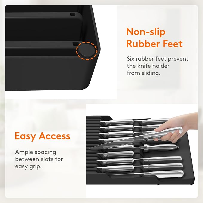 Lifewit Magnetic Drawer Knife Organizers Insert, Kitchen Plastic In Drawer Knife Block Slots, Steak Chefs Knives Holder Storage for 16 Knives and 1 Sharpening Steel, Extra Large, Black, 16.5"/42 cm(W)