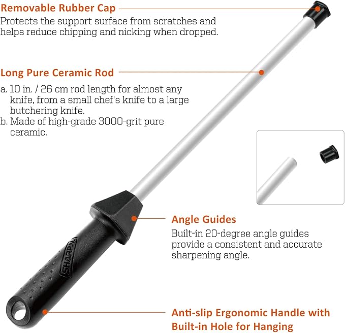SHARPAL 118H Ceramic Honing Rod - Professional Knife Sharpener Steel | Ceramic Sharpening Rod for Kitchen Knives, Built-in Angle Guide, Anti-Break Cap, Durable Sharpening Stick