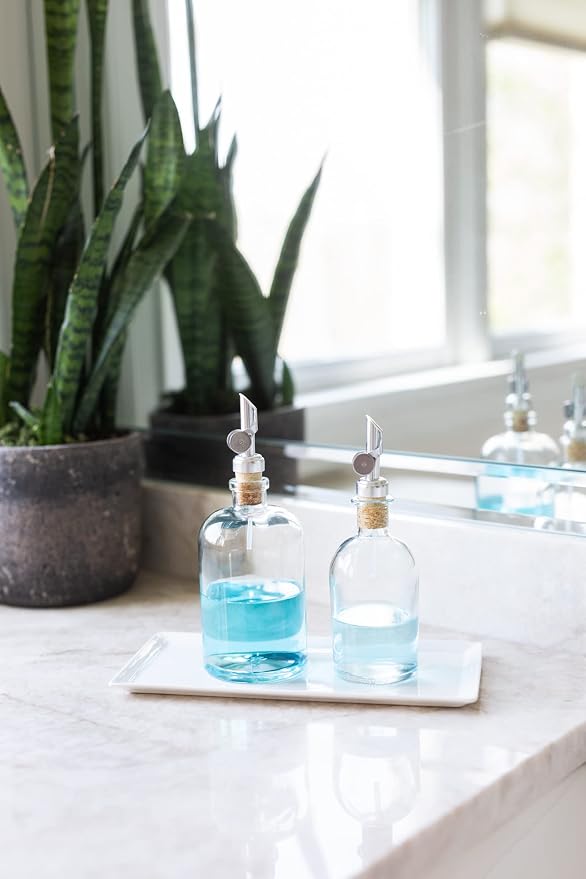 Rail19 Clear Glass Mouthwash Dispenser with Metal Pour Spout | Cooking Oil and Vinegar Dispenser - Perfect for the Bathroom, Kitchen & Tabletop, 13oz (Silver)
