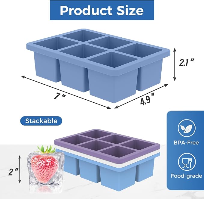 mossime Large Ice Cube Molds: 3pack Square Whiskey Silicone Ice Cube Trays With Lid - Old Fashioned Cocktail Big Ice Cube Tray- 2inch Easy Release Freezer Maker for Food Soup & Juice
