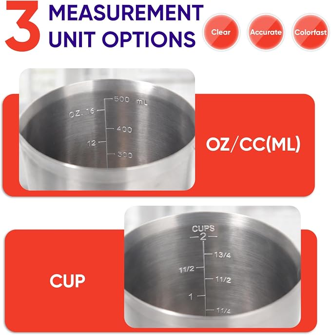 Newness Stainless Steel Measuring Cup, Metal Measuring Cup with Handle (Upgraded, 3 Marking Including Cup/ML/Ounce Scale), 16 Ounces (0.5 Liter, 2 Cup)