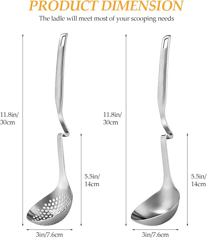 2 Pcs 12 Inch Stainless Steel Hot Pot Slotted Ladle Set, Soup Ladle Strainer Scoops Cooking Skimmer Utensil For Hotpot Scooping Sauce Serving