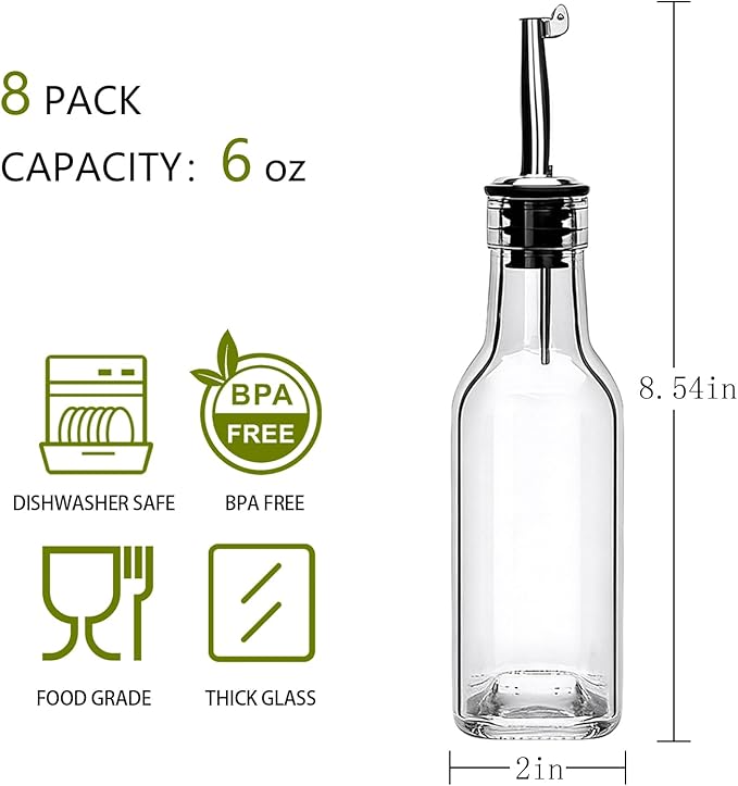 Salzesfalls 8 Pcs 6oz Olive Oil Dispenser Bottle, Oil Dispenser for Kitchen | Glass Cooking Oil Dispenser with Stainless Steel Pourer Spouts, Oil and Vinegar Dispenser Set with Pourers, Corks, Caps