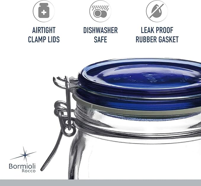 Bormioli Rocco Fido Glass Canning Jar, Blue Lid - 67.75 oz Airtight Container with Clamp Lock Canister for Preserving Vegetables, Sauces & Cooking “Au Bain-Marie” - Italian Glass, Dishwasher Safe