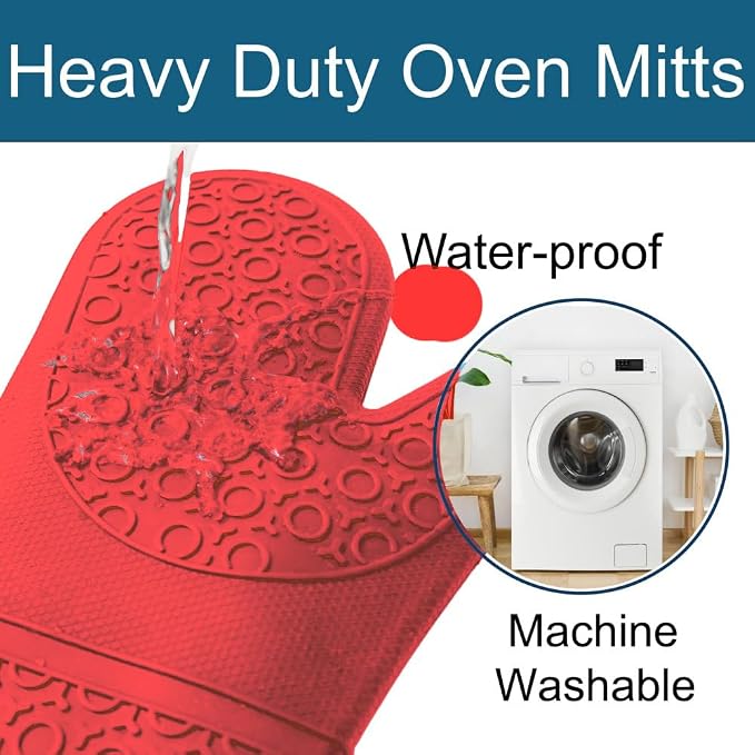 Extra Long High Temp Oven Mitts - 2pcs Commercial, Heavy Duty Non-Slip Grip Mitts - Silicone Heat Resistant Up to 500 Degrees, Ideal for Cooking, Baking & Frying, Red