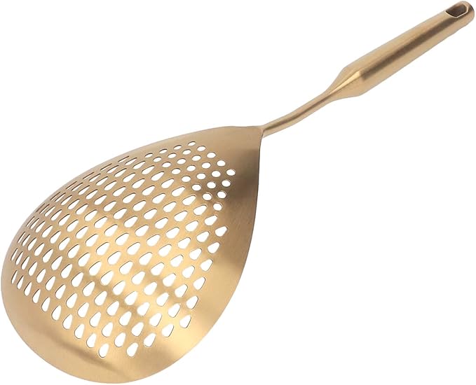 Stainless Steel Strainer Spoon, Long Handle, 15.7 Inches, Gold, for Cooking, Frying, and Filtering