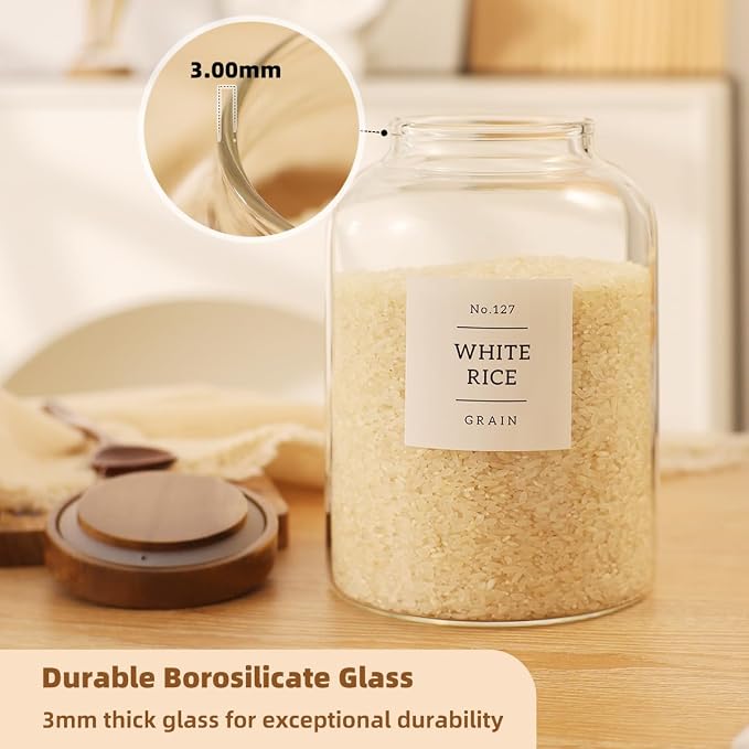 2 Pack Glass Food Storage Containers with Airtight Acacia Lids and 132 Kitchen Pantey Labels Preprint - 67 LF OZ Borosilicate Glass Canister Sets for Food,Coffee,Cookie,Tea,Candy,Sugar