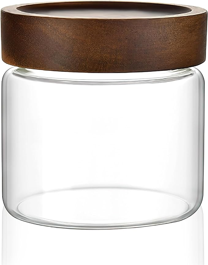 17 oz/500 ml Clear Glass Storage Canister with Airtight Wooden Screw Lid, Small Cute Decorative Glass Container Jar for Coffee,Spice,Candy,Salt,Cookie,Condiment,Pepper,Sugar,Overnight Oatmeal