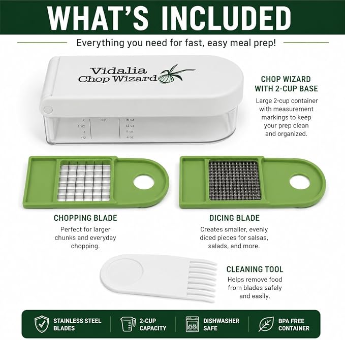 Vidalia Chop Wizard Vegetable Chopper – Original As Seen On TV Food Dicer with 2 Stainless Steel Blades, Large 2-Cup Container, Cleaning Tool, Dishwasher Safe Onion & Vegetable and Fruit Cutter