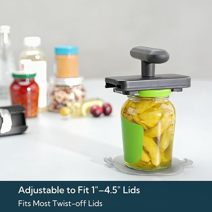 KITCHENDAO Jar Opener for Weak Hands with Durable Metal Internal Mechanism, Fits 1–4.5 Inch Lids, Twist Lid Opener, Stainless Steel Teeth, Non-slip Grip & Base Pad