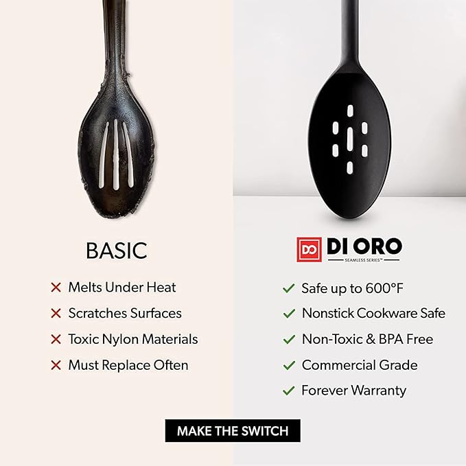 DI ORO 3-Piece Seamless Silicone Spoon and PRO 14in Seamless Silicone Spatula Bundle - 600F Heat-Resistant Rubber Non-Stick Slotted and Solid Spoons for Mixing and Serving - BPA Free