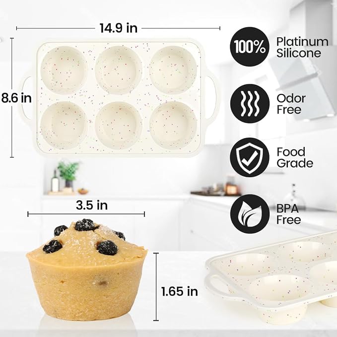 Jumbo Muffin Pan, Metal Reinforced Frame 3.5 inch Large Silicone Cupcake Pan 6 cups Large Muffin Pan with Handle Nonstick Jumbo Muffin Tin for Baking Giant Homemade Muffins, Cupcakes, Frittatas