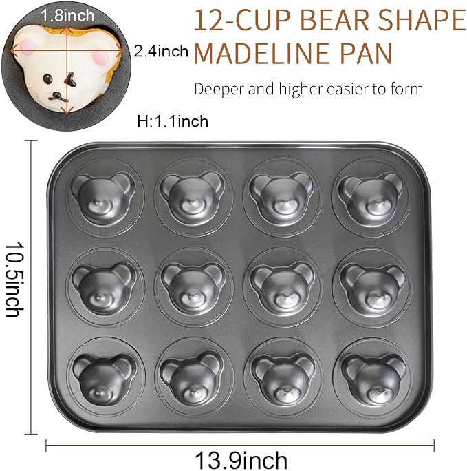 Mini Bear Shaped Muffin Pans, 12 Cavity Non-Stick Madeleine Mold Cake Pan, Mini Muffin for Edible Bear Cake Topper Decoration Shower Birthday Party Decorations