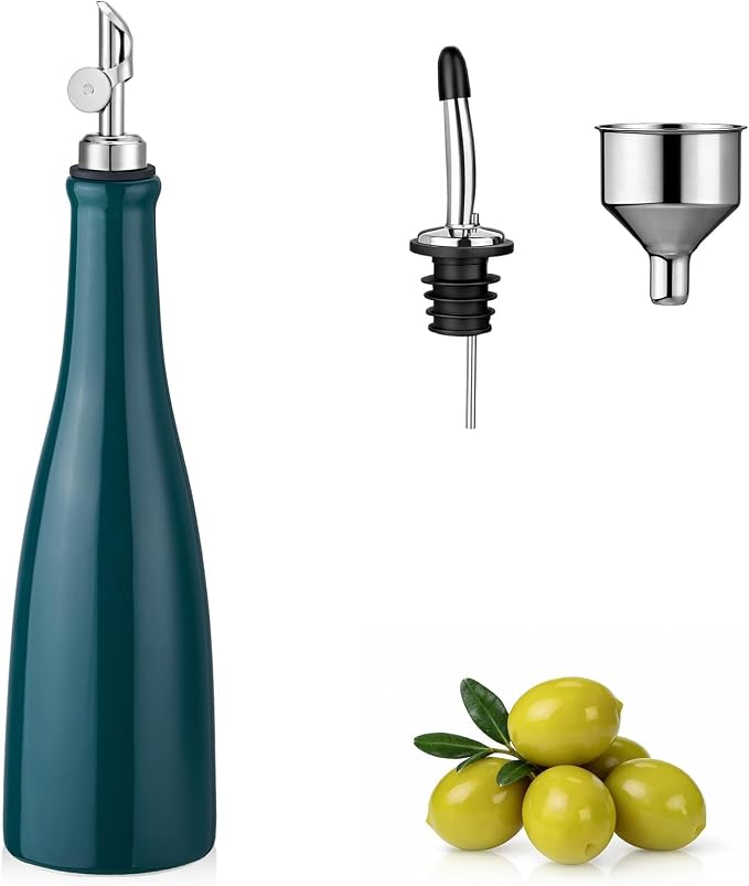 YOLIFE Olive Oil Dispenser Bottle, 17oz/500ml Ceramic Oil Bottle (Green) | Oil Dispenser with Gravity Spout, Leak Proof EVOO Dispensing Bottle with 2 Spouts and 1 Funnel for Vinegar, Kitchen
