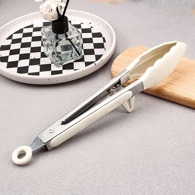 Silicone Kitchen Tongs, 3Pcs Tongs for Cooking with Silicone Tips, Food Grade Small Tongs, Mini Serving Tongs for BBQ Salad, White, 7"+9"+12"