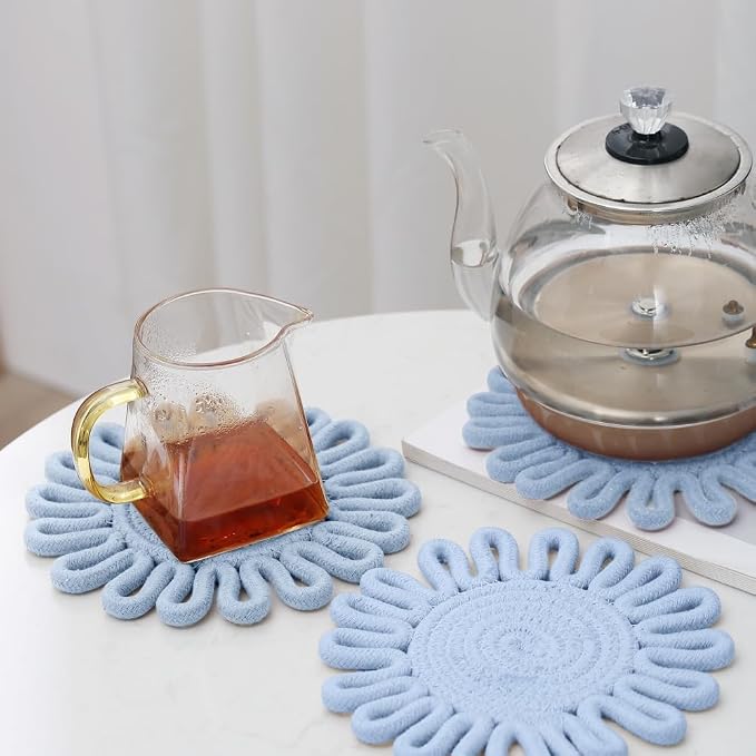 Kitchen Trivets for Hot Dishes Potholders for Countertop Hot Pads Hot Mats or Trivets for Hot Pots and Pans Home Essentials Boho Farmhouse Kitchen Decor Set of 3, 100% Cotton,7.5" (Dusty Blue)