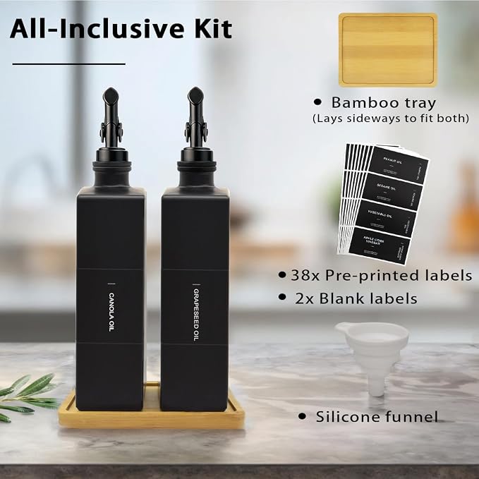 Olive Oil Dispenser Bottle for Kitchen with Bamboo Tray, 16.9oz Glass Oil Bottles and Vinegar Dispenser Set, Decorative Avocado Oil Dispenser Set, Gourmet Gift for Bakers (Black, Set of 2)