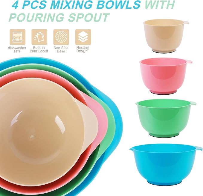 BoxedHome Classic Mixing Bowls Set of 4, BPA Free Plastic, Microwave Safe | 4.5, 3.5, 2.5 and 1.7 QT, Non-slip Base Large Non-toxic Nesting Bowl with Pour Spout, Dishwasher Safe, for Prep, Cooking