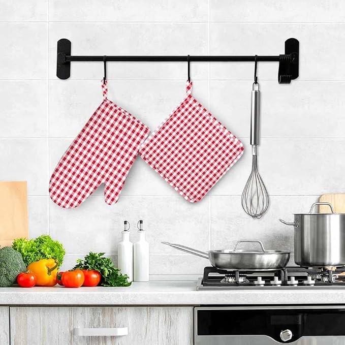 Mxocom Gingham Red White Checked Tartan Heat-Resistant Oven Mitts and Pot Holder Abstract Lattice Criss-Crossed Kitchen Non-Slip Cooking Microwave Gloves for Cooking Baking Grilling