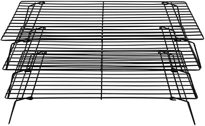 Restaurantware Met Lux 15.7 x 9.8 x 8.3 Inch Wire Baking Rack Set 1 Stackable Oven Wire Rack Set - 3-Tier Design Oven-Ready Up To 392F Black Iron Cooling Rack Set With Collapsible Feet