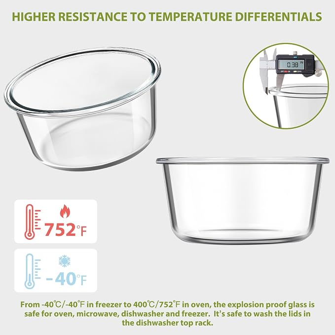 25oz Glass Meal Prep Containers for Food Storage with Airtight Lids, 4 PACK | Leakproof丨Air Vent Lid丨Borosilicate Glass丨BPA-Free丨Soup Lunch Leftovers丨Microwave Oven Dishwasher&Freezer Safe丨Round