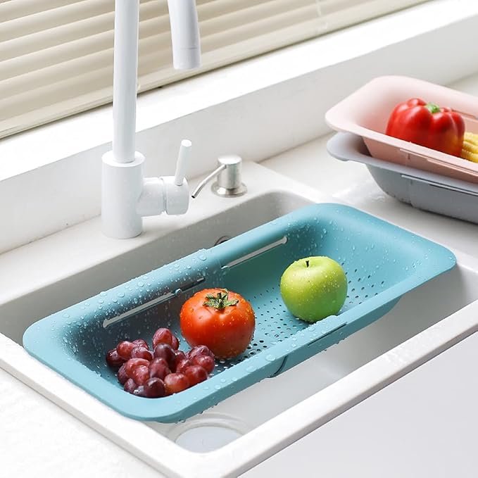KesaPlan Collapsible Sink Colanders and Strainers Basket Over the Colander Extendable Plastic Fruit Vegetable Strainer Drainer for Kitchen(Length 14.3-19.4inch)(Green Set of 2)