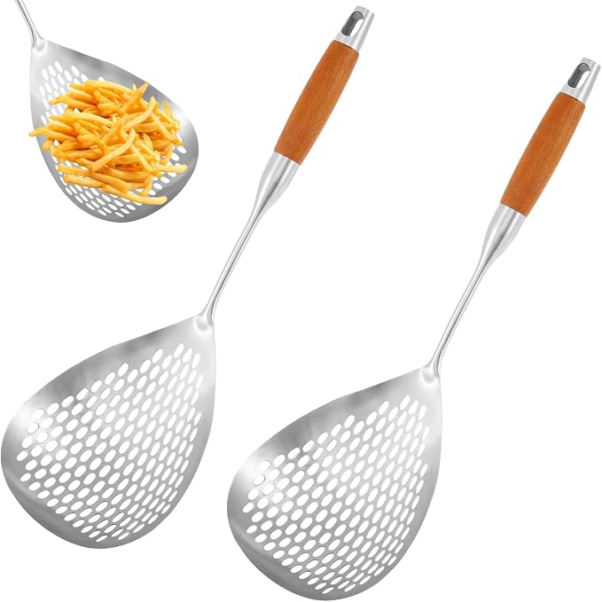 2 Pcs Skimmer Slotted Spoon, Skimmer Spoon, 16.4" Strainer Spoon Pasta Strainer/Frying Spoon with Anti Scald Wood Handle, Heat Resistant Skimmer Ladle Spoon for Cooking, Kitchen Metal Scoop Colander
