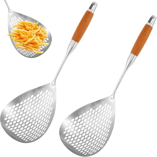 2 Pcs Skimmer Slotted Spoon, Skimmer Spoon, 16.4" Strainer Spoon Pasta Strainer/Frying Spoon with Anti Scald Wood Handle, Heat Resistant Skimmer Ladle Spoon for Cooking, Kitchen Metal Scoop Colander