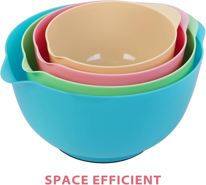 BoxedHome Classic Mixing Bowls Set of 4, BPA Free Plastic, Microwave Safe | 4.5, 3.5, 2.5 and 1.7 QT, Non-slip Base Large Non-toxic Nesting Bowl with Pour Spout, Dishwasher Safe, for Prep, Cooking