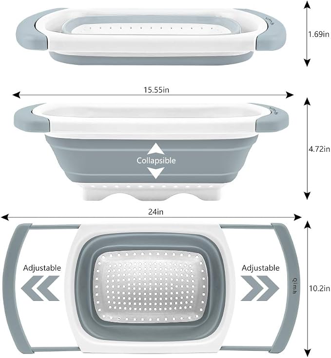 Qimh Collapsible Colander | Over The Sink Silicone Kitchen Strainers and Colanders with Extendable Handles | Veggies, Fruit and Pasta Foldable Strainer for Kitchen, 6-Quart, BPA Free