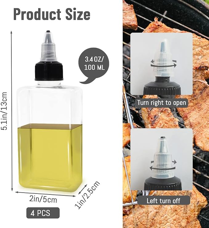 LELE LIFE 4Pcs Small Oil Dispenser Bottle for Camping, 3.4oz Leak-Proof Squeeze Condiment Bottle with Twist Top Cap, Liquid Condiment Container Dispensing Bottles for Oil Soy Sauce Vinegar