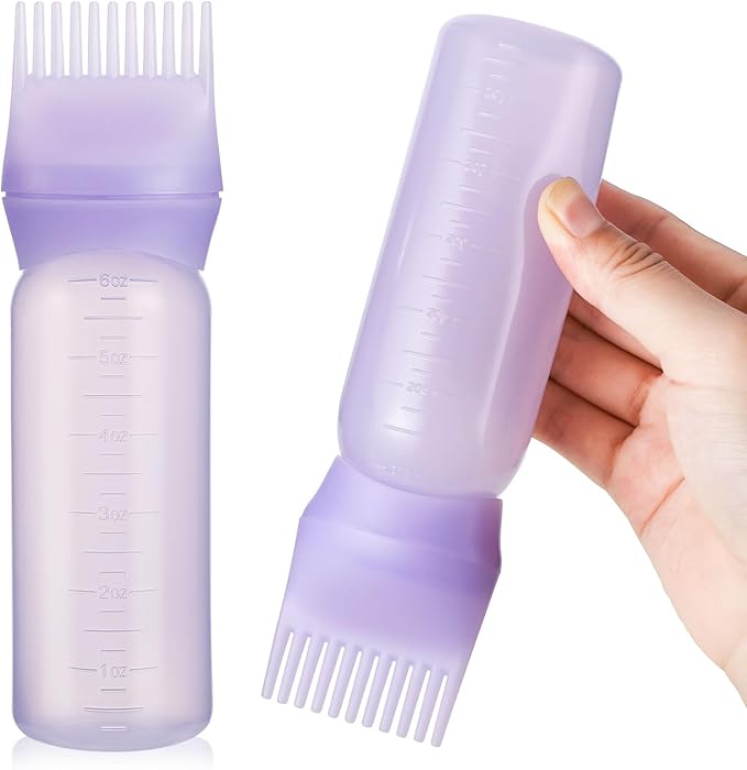 Pimoys 6Oz Root Comb Hair Dye Oil Applicator Bottles for Scalp, Purple | Plastic Squeeze Bottle Dispenser with Graduated Scale, Comb Tip Applicator For Hair Coloring Scalp Oiling, Home Salon Use