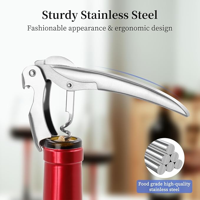 Sleek Waiter’s Corkscrew by ELMWAY - Stainless Steel Manual Wine Opener with Foil Cutter & Beer Bottle Opener, Durable Wine Key with Genuine Leather Case & Gift Box for Wine Lover