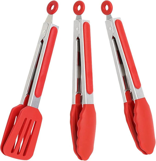 9 Inch Cooking Tongs with Silicone Tips Set of 3(Red) | Stainless Steel Handle, Non-Scratch, Heat Resistant