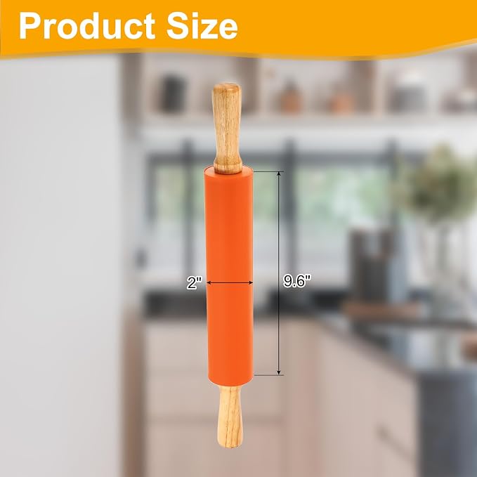 uxcell 9.6 Inch Silicone Rolling Pin, Small Dough Roller with Wood Handle for Pizza Pastry Fondant Kitchen, Orange
