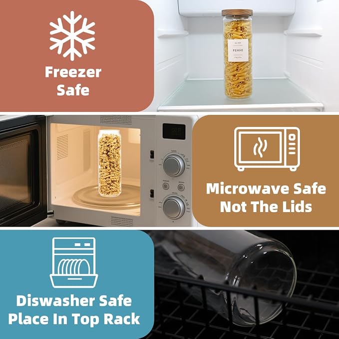 3 Pack Glass Canisters with Airtight Acacia Lids and 132 Kitchen Pantey Labels Preprint - 45 Fl Oz Borosilicate Glass Pantry Storage Jars Containers with Wooden Lids for Tea,Sugar,Cookie,Coffee,Nuts