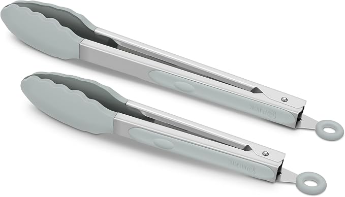 2 Pack Silicone Kitchen Tongs – 9" & 12" Set, Heat Resistant up to 500°F, Non‑Stick Cookware Safe, Wavy Silicone Tips, BPA Free, Locking Clip & Hanging Loop, Warm Grey