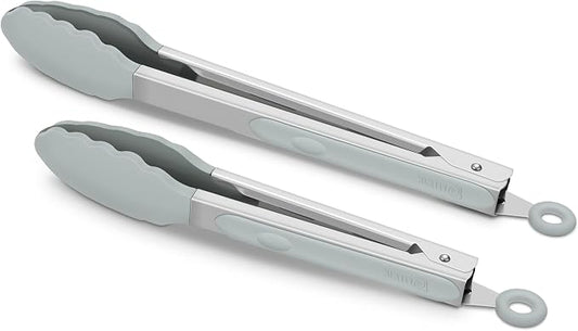 2 Pack Silicone Kitchen Tongs – 9" & 12" Set, Heat Resistant up to 500°F, Non‑Stick Cookware Safe, Wavy Silicone Tips, BPA Free, Locking Clip & Hanging Loop, Warm Grey