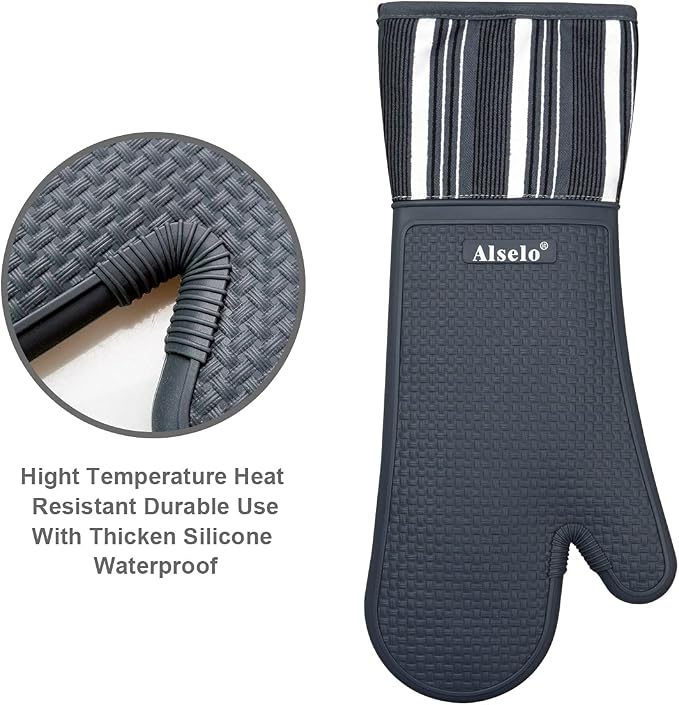 Alselo Silicone Oven Mitts Heat Resistant 550 Degree Extra Long Kitchen Gloves Pot Holders with Waterproof and Non-Silp for Baking Cooking Barbecue Microwave Machine Washable (Extra Long Grey, 2)