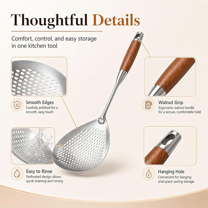 Wooden Handle Stainless Steel Skimmer, 16.8 Inch Metal Slotted Frying Spoon Spider Strainer for Deep Frying, Deep Fryer Scoop Ladle Kitchen Cooking Colander with Walnut Wood Handle(5pc)