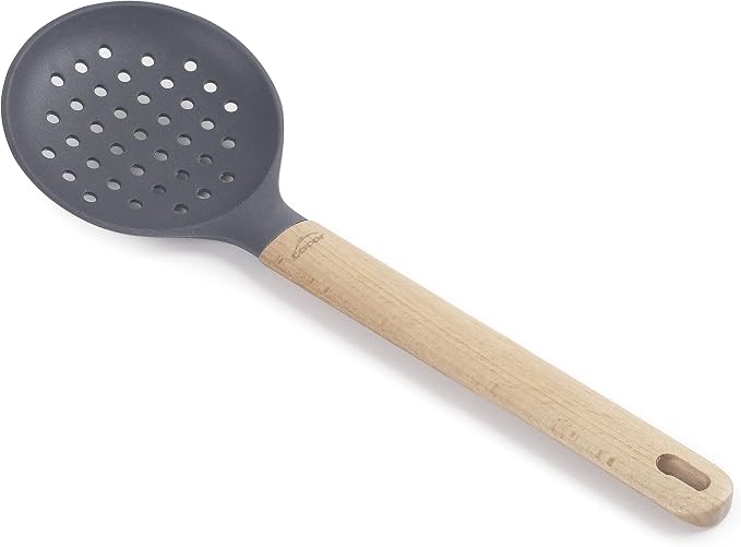 Lacor 68188 Unite Silicone Skimmer Professional Punched Paddle, Beech Wood Handle, Does Not Damage the Pan, High Temperature Resistant, BPA Free, Length: 34 cm, Ø11, Grey