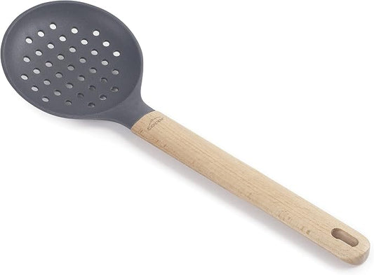 Lacor 68188 Unite Silicone Skimmer Professional Punched Paddle, Beech Wood Handle, Does Not Damage the Pan, High Temperature Resistant, BPA Free, Length: 34 cm, Ø11, Grey