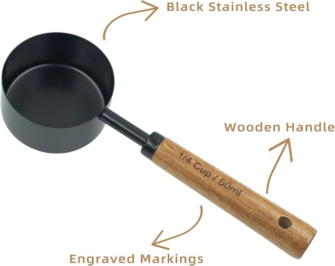 Measuring Cups and Spoons Set of 8, Stainless Steel Measuring Cup with Wooden Handle, Kitchen/Food/Liquid/Baking (Black)