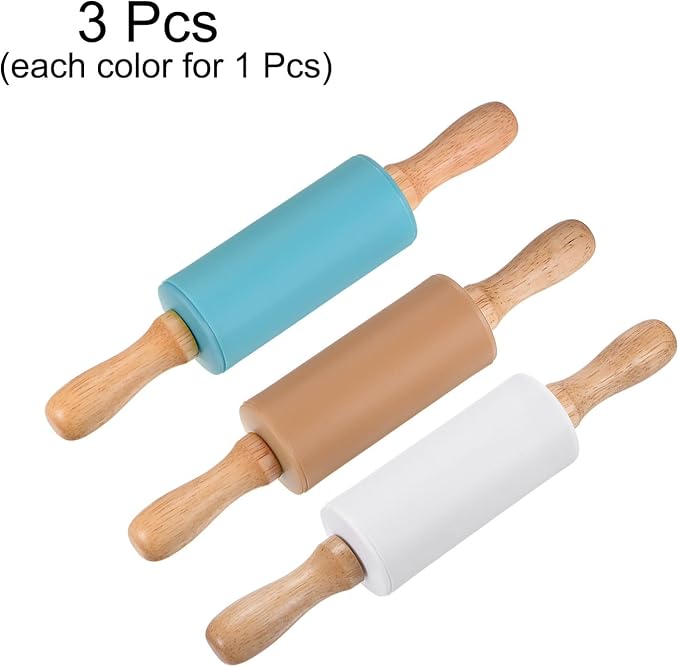 HARFINGTON 3pcs Silicone Rolling Pins for Baking 9.25 Inch Non-Stick Silicone Surface Wooden Handle Rolling Pin Small Roller Playdough Rolling Pins for Dough Pizza, White/Brown/Blue